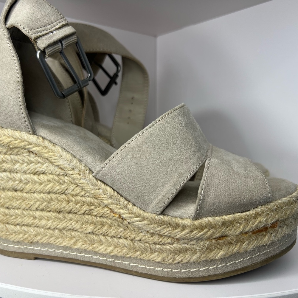 Grey and cream suede wedge sandals with a chunky heel and adjustable buckle